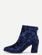 Romwe Diamond Velvet Navy Point Toe Chunky Heel Booties