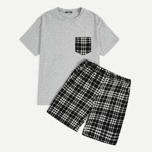 Romwe Guys Pocket Patched Top & Plaid Pants Pj Set