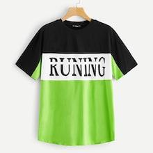 Romwe Color Block Letter Print Curved Hem Top
