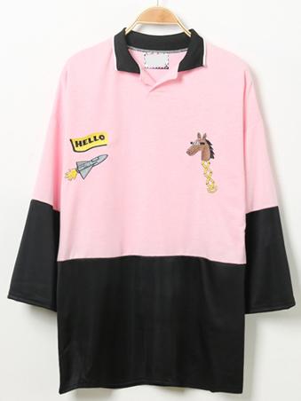 Romwe Polo Neck Color-block Horse Embroidered T-shirt