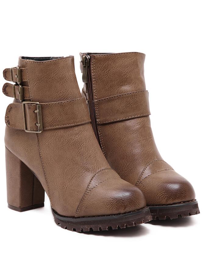 Romwe Brown Buckle Strap Zipper Pu Chunky Boots