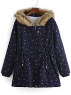 Romwe Hooded Drawstring Leaves Print Pockets Navy Coat