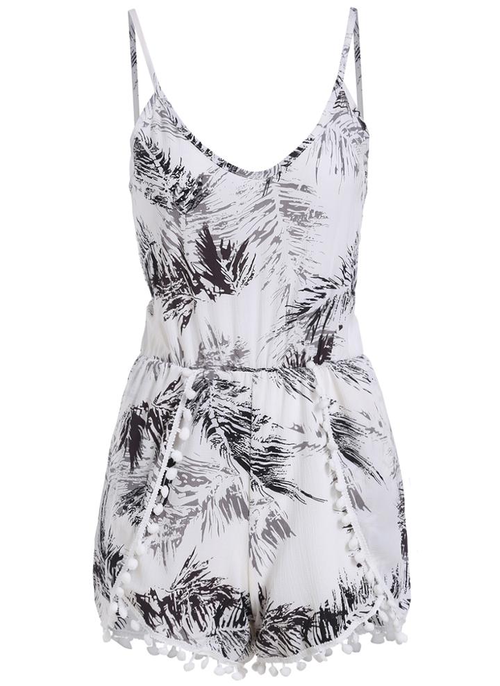 Romwe V Neck Leaves Print Black Romper
