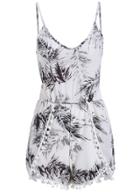 Romwe V Neck Leaves Print Black Romper