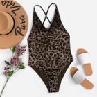 Romwe Velvet Leopard Print Cross Back One Piece Swimwear