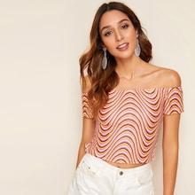 Romwe Off Shoulder Frill Trim Shirred Wave Striped Top