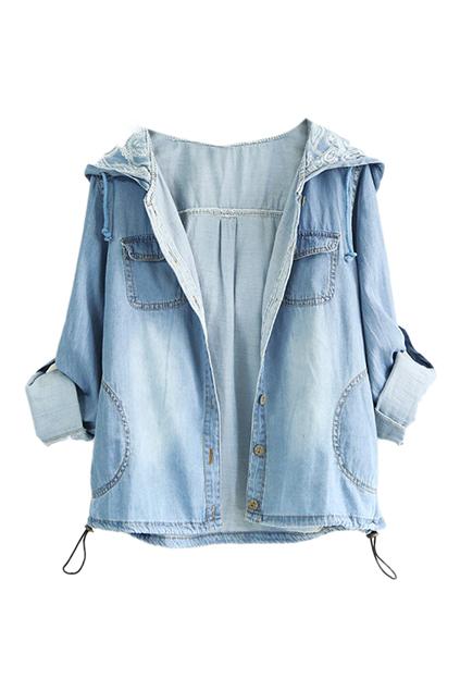 Romwe Rolled-up Hoodied Blue Denim Coat