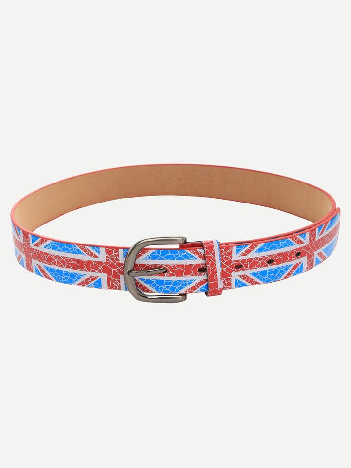 Romwe Blue Union Jack Print Crackle Effect Buckle Belt