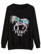 Romwe Black Flower Horse Print Embroidered Sweatshirt