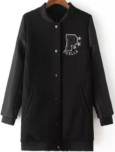 Romwe Letter Embroidered Single Breasted Long Jacket