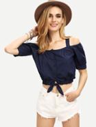 Romwe Buttoned Front Cold Shoulder Crop Top