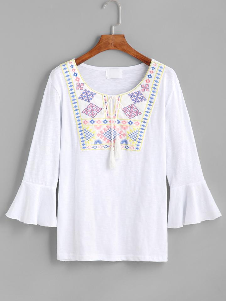Romwe White Bell Sleeve Lace Up Embroidered Fringe Top
