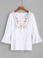 Romwe White Bell Sleeve Lace Up Embroidered Fringe Top