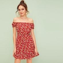 Romwe Ditsy Floral Off The Shoulder Ruffle Hem Dress