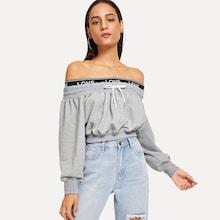 Romwe Off Shoulder Drawstring Sweatshirt