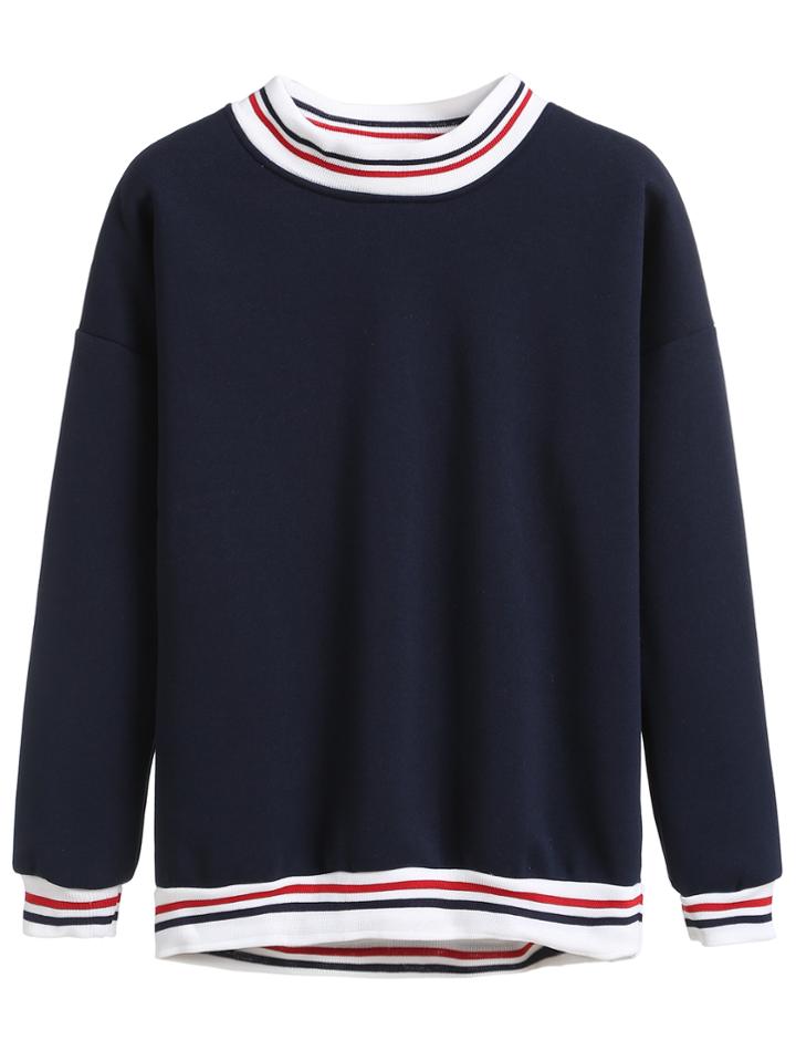 Romwe Navy Stripe Trimmed Sweatshirt