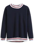 Romwe Navy Stripe Trimmed Sweatshirt