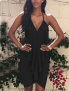 Romwe V-neck Drape Ruffle Cami Dress - Black