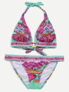 Romwe Multicolor Flower Print Tie Back Ring Accent Triangle Bikini Set