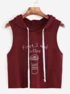 Romwe Burgundy Coffee Print Crop Hooded Tank Top
