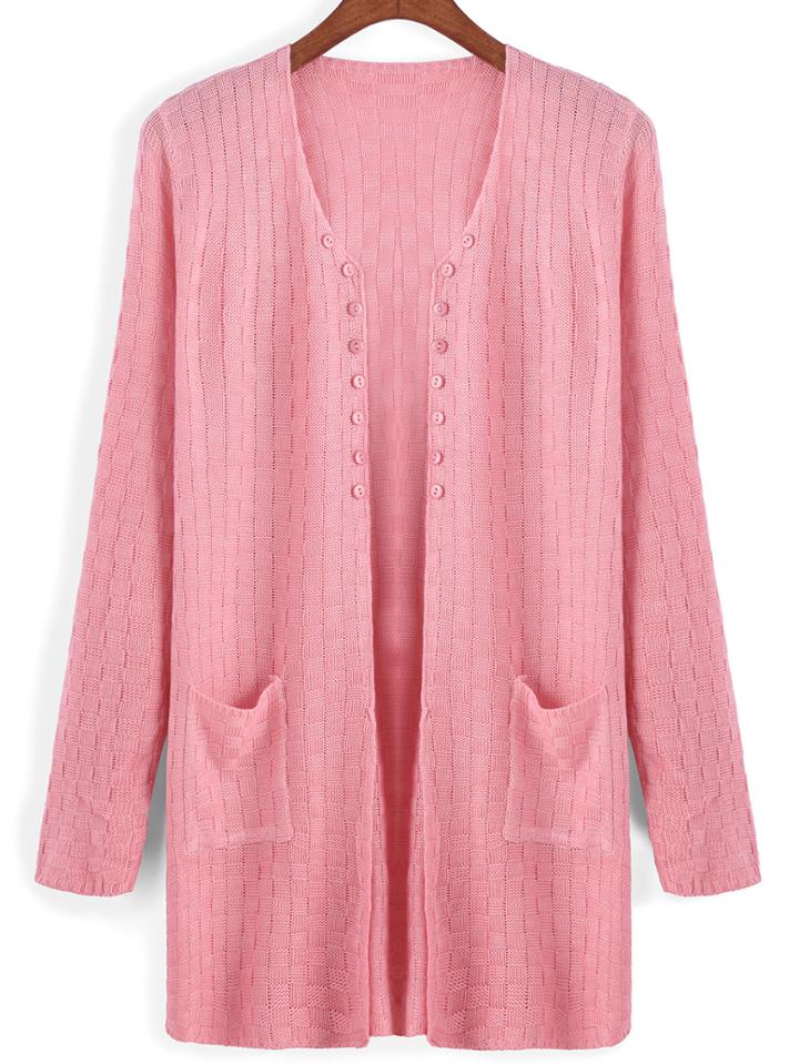 Romwe Long Sleeve Buttons Pockets Pink Coat