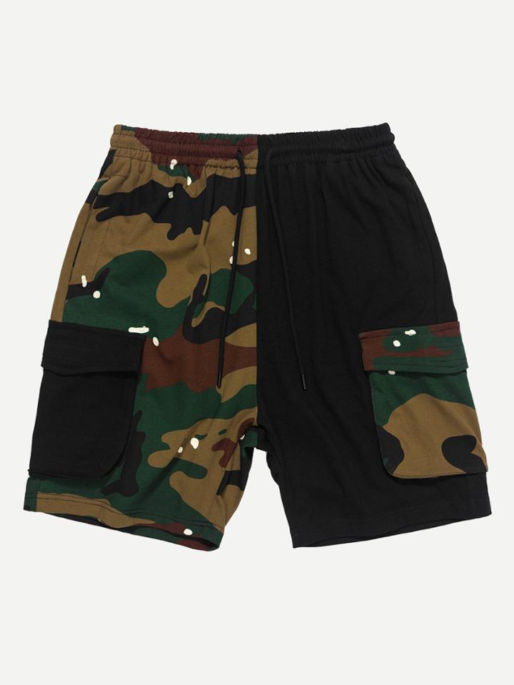 Romwe Men Color Block Camo Pocket Shorts