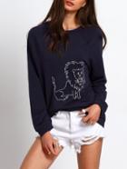 Romwe Navy Long Sleeve Lion Print Sweatshirt