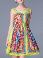 Romwe Yellow Spaghetti Strap Sleeveless Print Pockets Dress