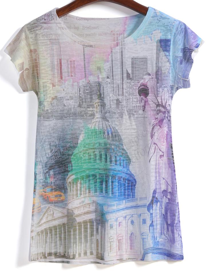 Romwe Castle Print Round Neck T-shirt