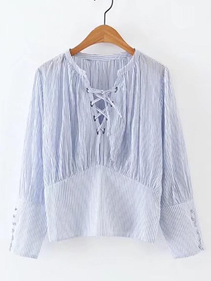Romwe Lace Up V Neck Pinstripe Blouse