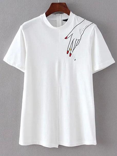 Romwe Fingers Print Back Zipper White T-shirt
