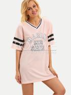 Romwe Pink V Neck Letters Print Short Sleeve Shirt Dress