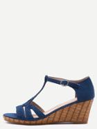 Romwe Navy Faux Suede Braided T-strap Wedges