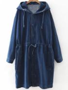 Romwe Blue Drawstring Waist Hooded Denim Coat