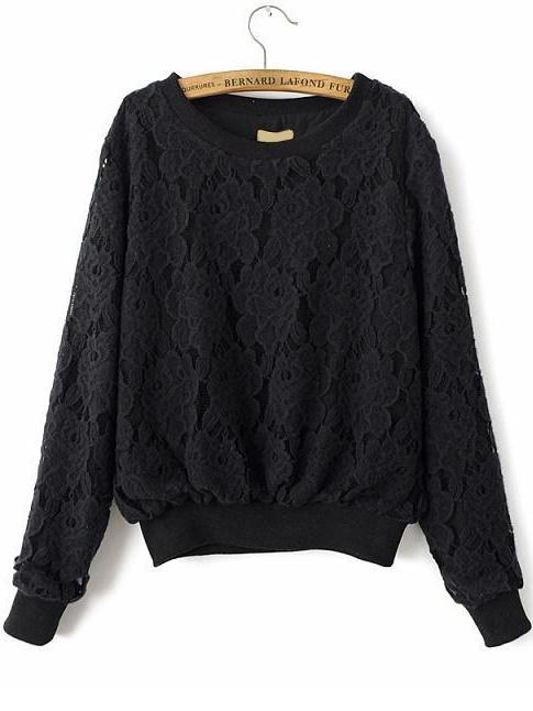 Romwe Round Neck Lace Black Sweatshirt