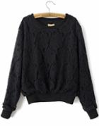 Romwe Round Neck Lace Black Sweatshirt