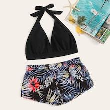 Romwe Halter Top With Random Tropical Shorts Bikini