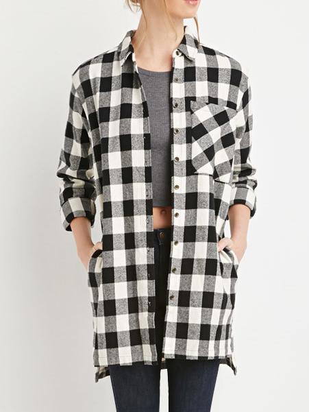 Romwe Lapel Plaid Split Side Blouse With Pocket