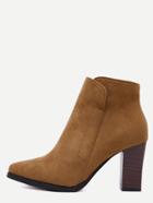 Romwe Brown Faux Suede Pointed Toe Side Zipper Ankle Boots
