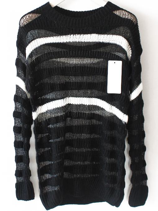 Romwe Long Sleeve Striped Loose Black Sweater