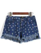 Romwe Hot Air Balloon Print Fringe Denim Shorts