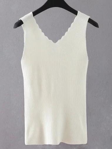 Romwe White Scallop Neck Knit Tank Top