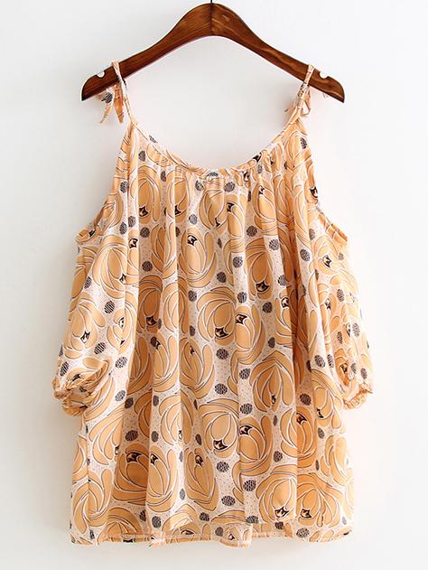 Romwe Orange Cold Shoulder Printed Chiffon Blouse