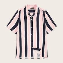 Romwe Guys Colorblock Notched Collar Striped Shirt