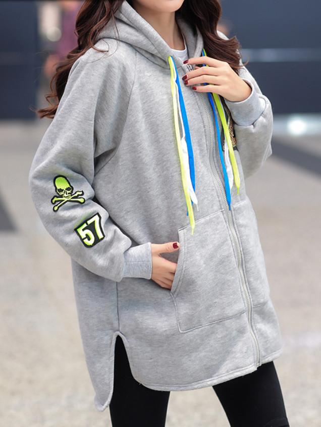 Romwe Hooded Drawstring Dip Hem Split Grey Sweatshirt With Skull Patch