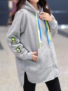 Romwe Hooded Drawstring Dip Hem Split Grey Sweatshirt With Skull Patch