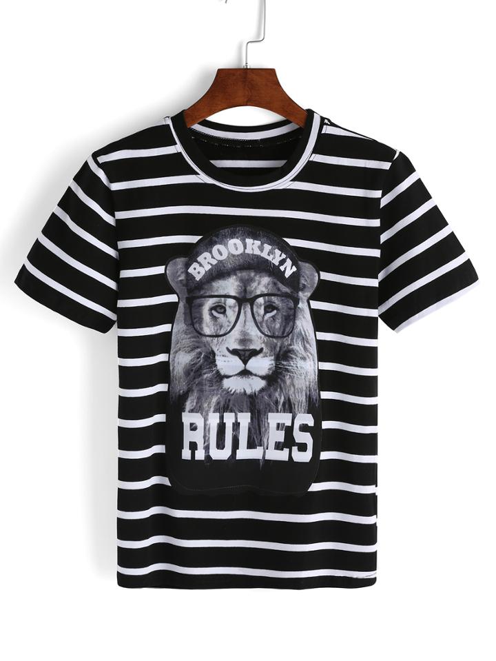 Romwe Black Striped Lion Print T-shirt