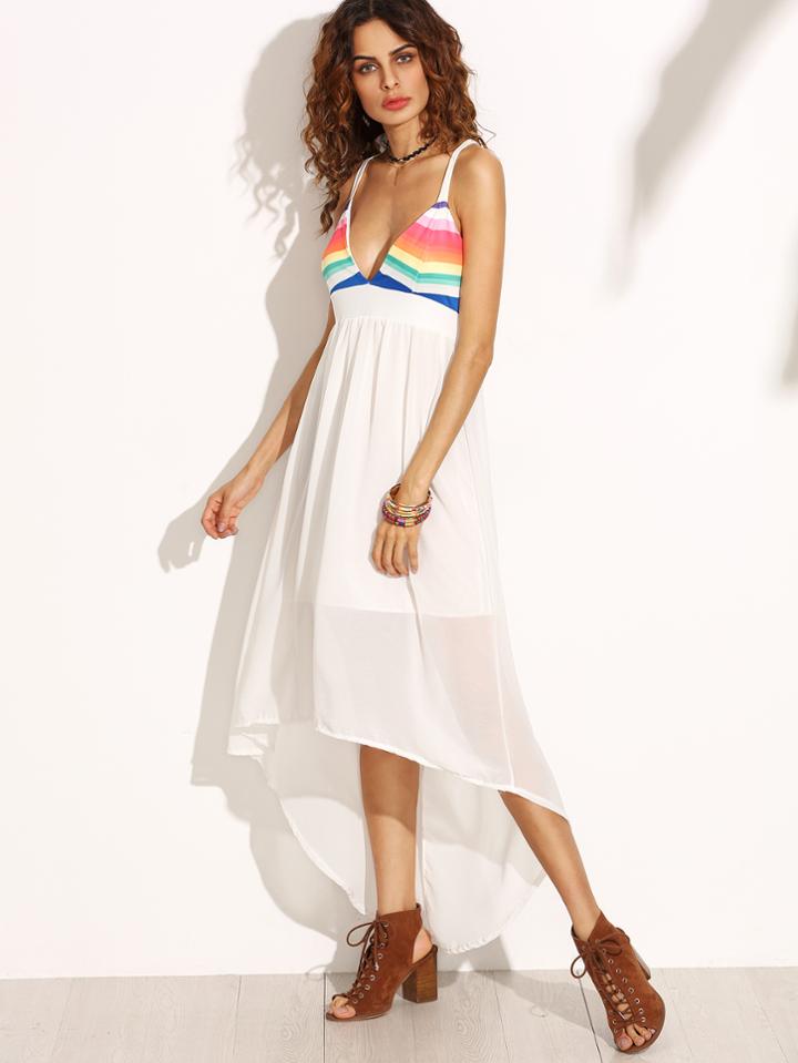 Romwe White Deep V Neck Mixed Stripe High Low Dress