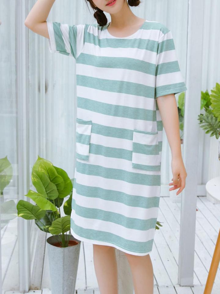 Romwe Striped Night Dress With Pockets