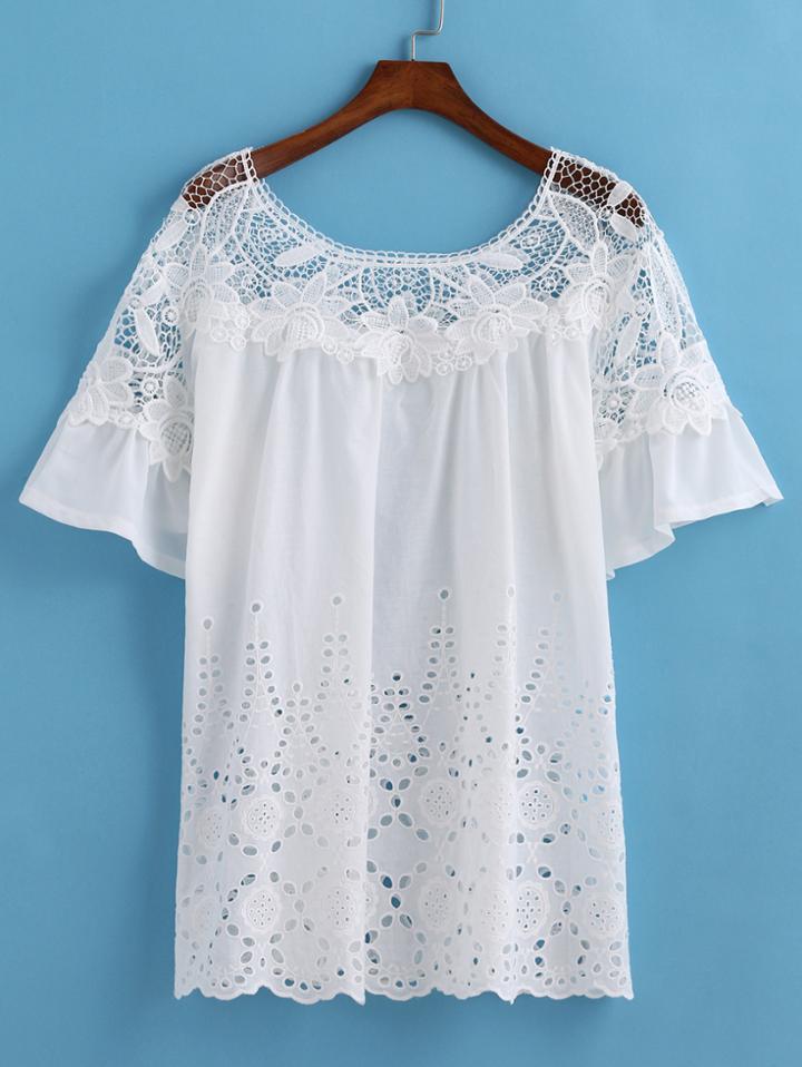 Romwe Round Neck Lace Loose Blouse